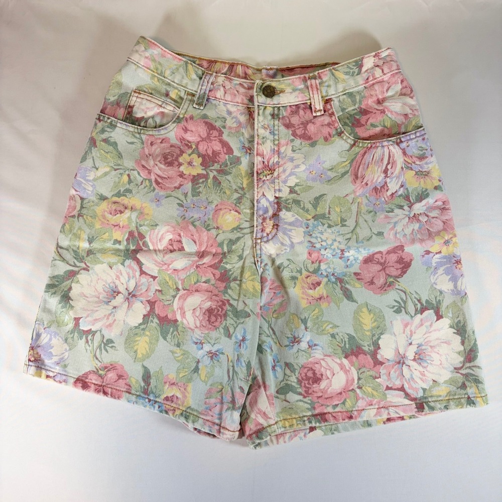 Vintage Zena Floral Denim Shorts High Waisted 90s Pastel Pink Blue 27 Waist